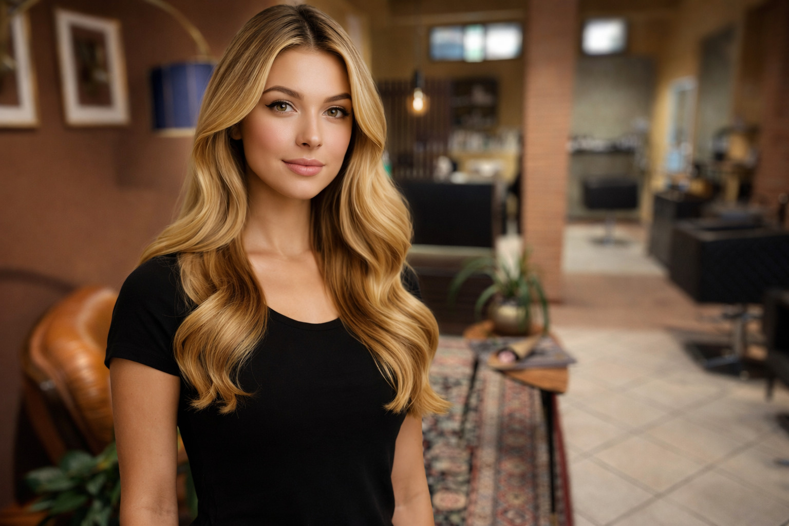 Donna con lunghi capelli biondi mossi all'interno del salone parrucchiere Epifanio Di Giovanni a Treviglio